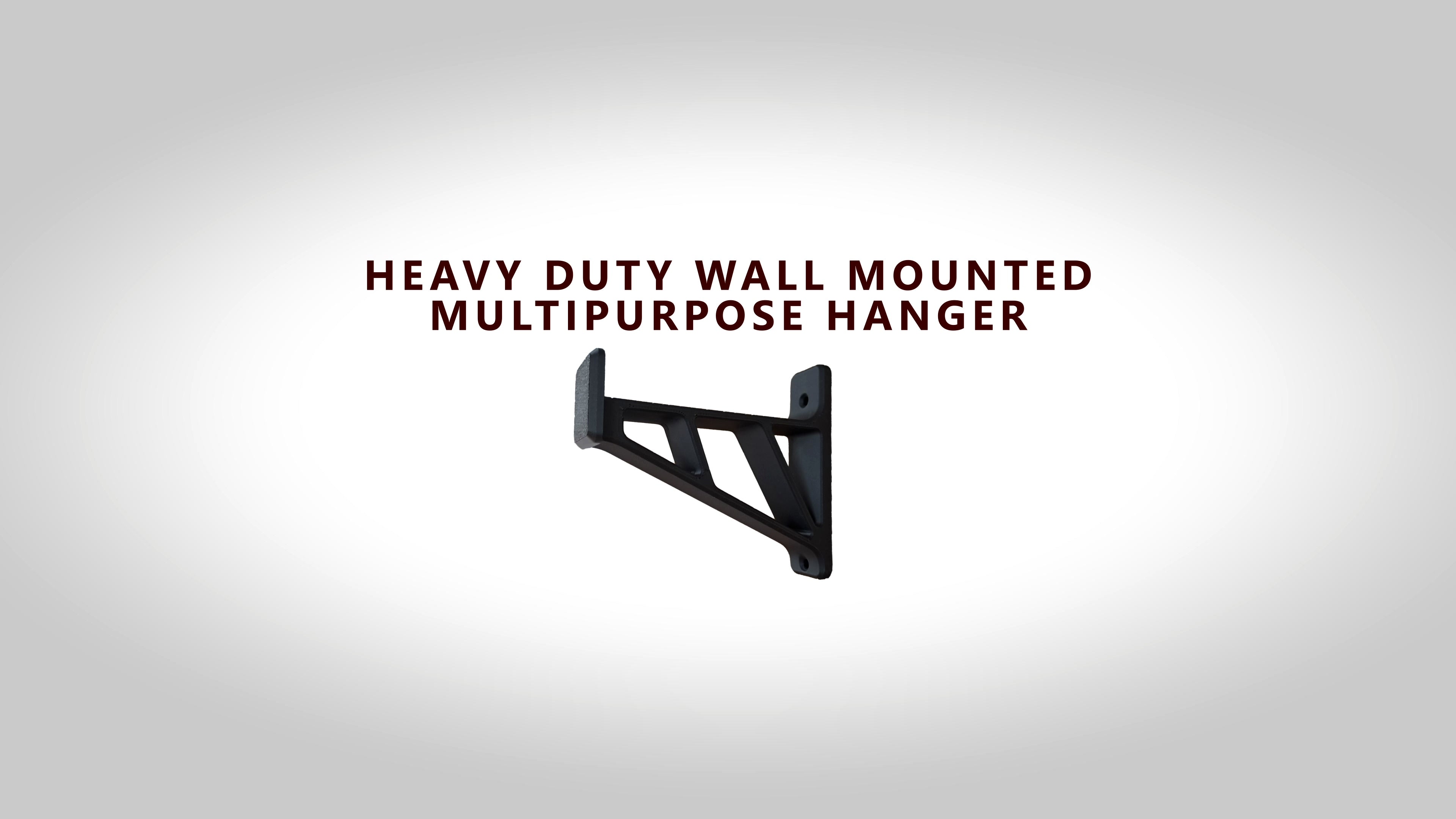 Heavy-duty wall-mounted multipurpose hanger on a light gray background with text.