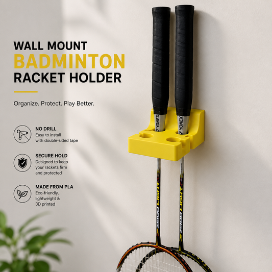 Wall Mount Badminton Racket Holder made from PLA holding two badminton rackets with easy no-drill installation using double-sided tape.