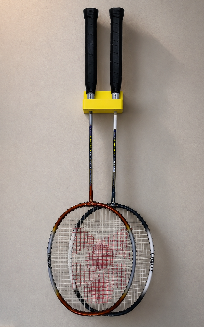 Two badminton rackets with black grips and a yellow wall-mounted holder, shown against a plain beige wall.